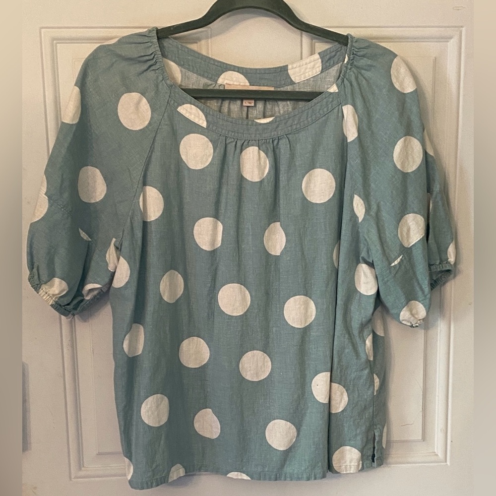 Loft Seagreen White Polka Dot Linen Blend Top